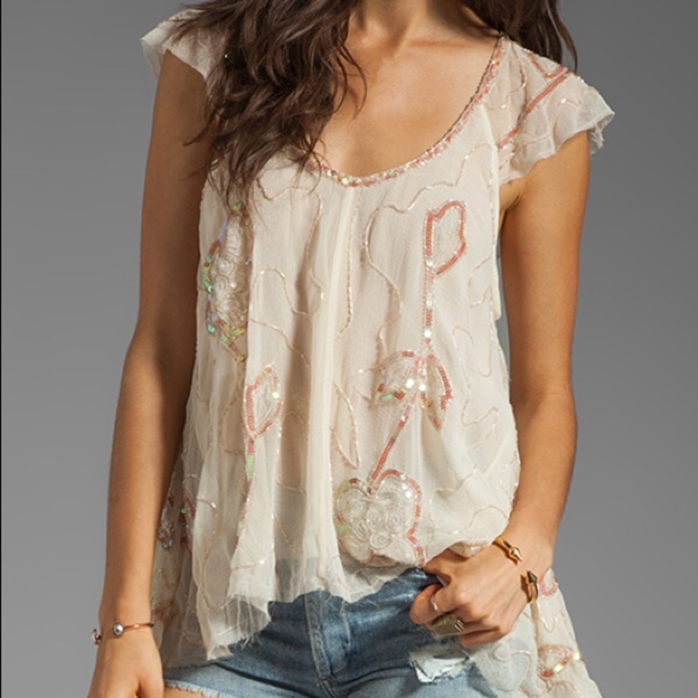 Free People Embellished Beaded Sequins Boho Top